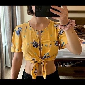 Yellow floral crop top with front tie